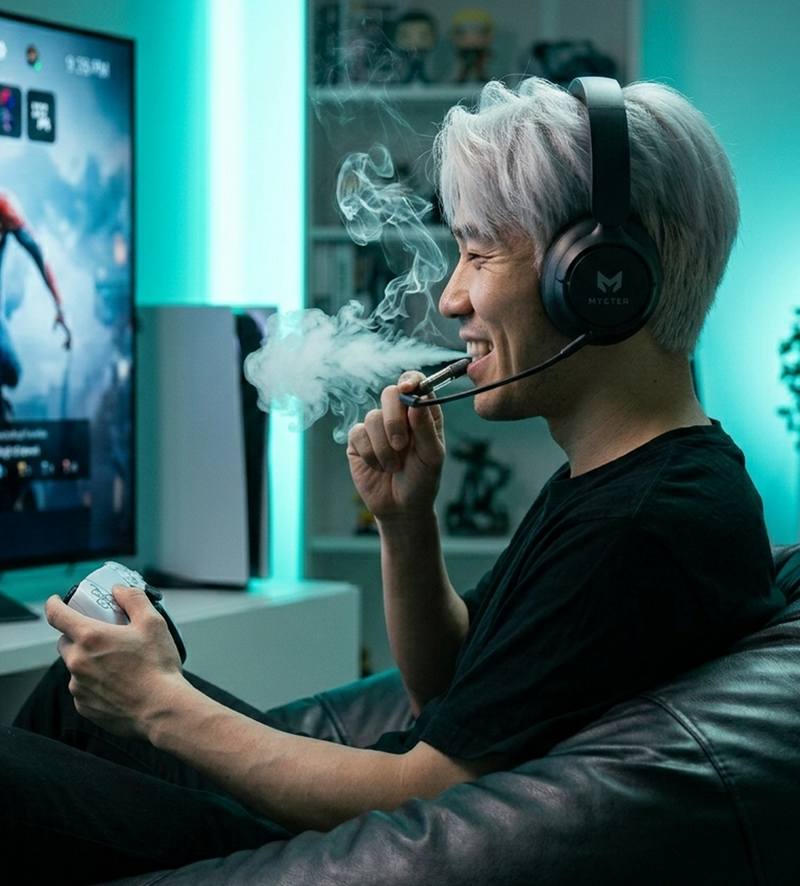 Gamer wearing Puff Muffs headset